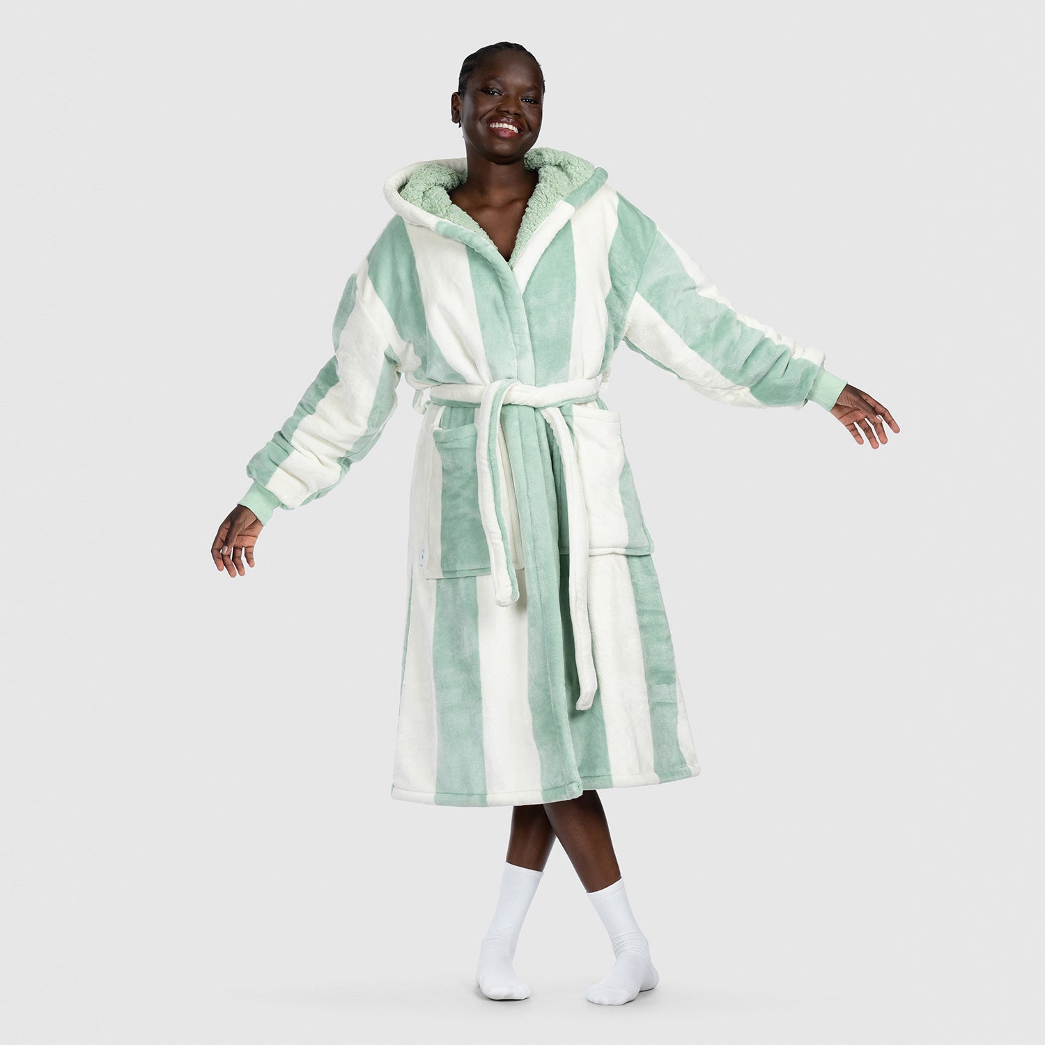 Sherpa Fleece Robe Sage Stripe