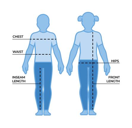 Front and back outlines of a human figure with measurement lines for sizing guidance.
