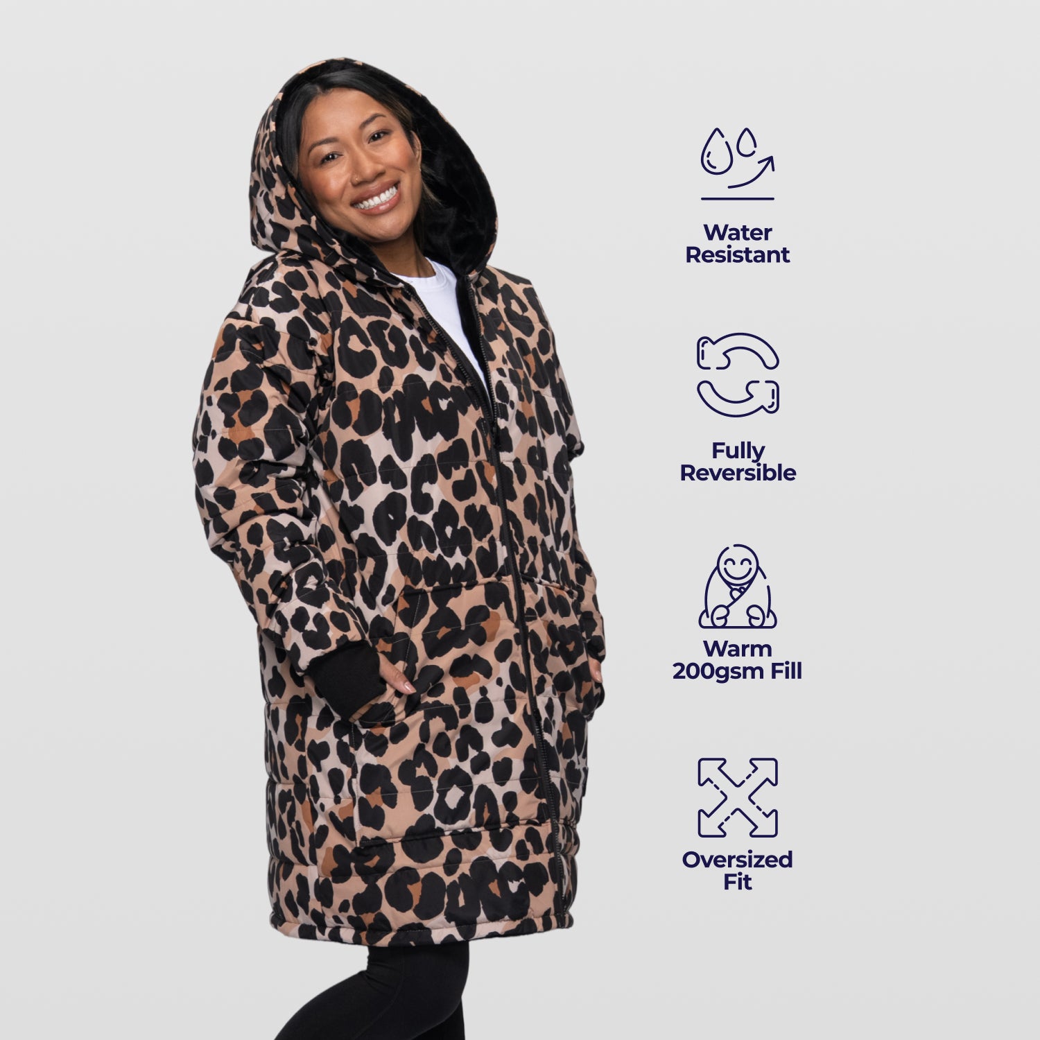 Black/Leopard Zip Long Puffer Jacket – The Oodie USA