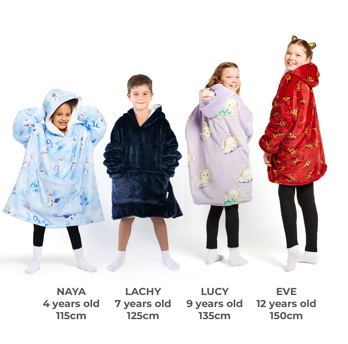 Four children wearing colorful hooded wearable blankets, named Naya (4 years, 115cm), Lachy (7 years, 125cm), Lucy (9 years, 135cm), and Eve (12 years, 150cm).