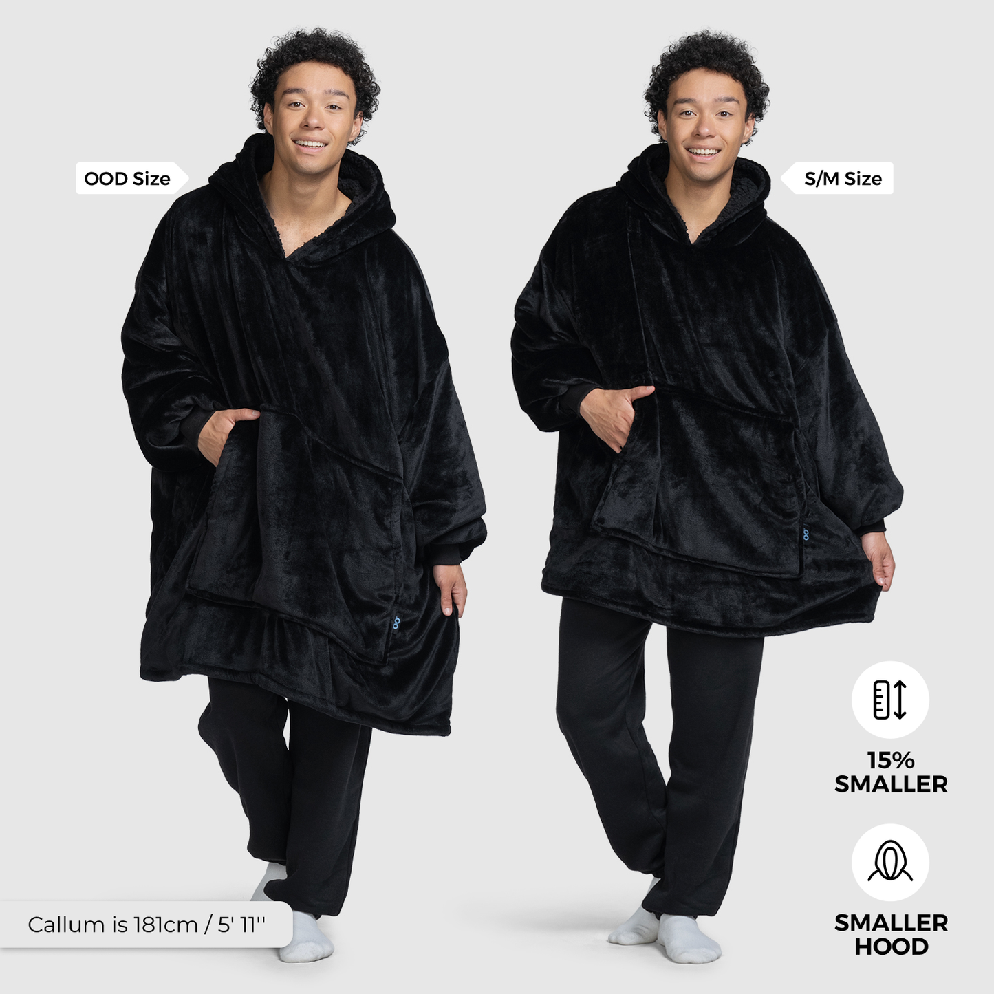 Person modeling two sizes of a black wearable blanket labeled 'OOD Size' and 'S/M Size', with text indicating '15% SMALLER' and 'SMALLER HOOD'. Model is 181cm / 5'11