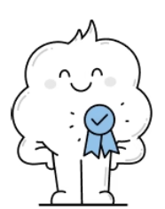 Cartoon cloud character smiling and holding a blue ribbon with a checkmark