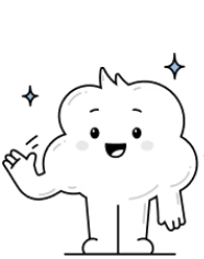 Cartoon cloud character with a smiling face and waving hand, surrounded by small stars.