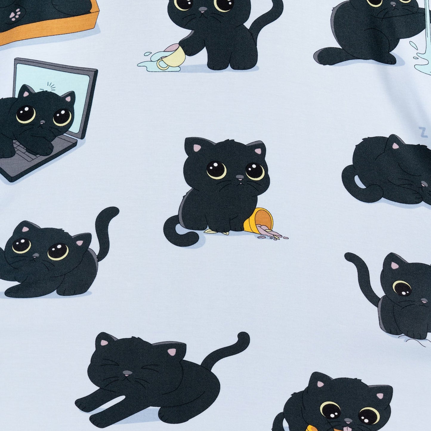 Pattern of multiple cartoon black cats in various playful and resting poses on a light background.