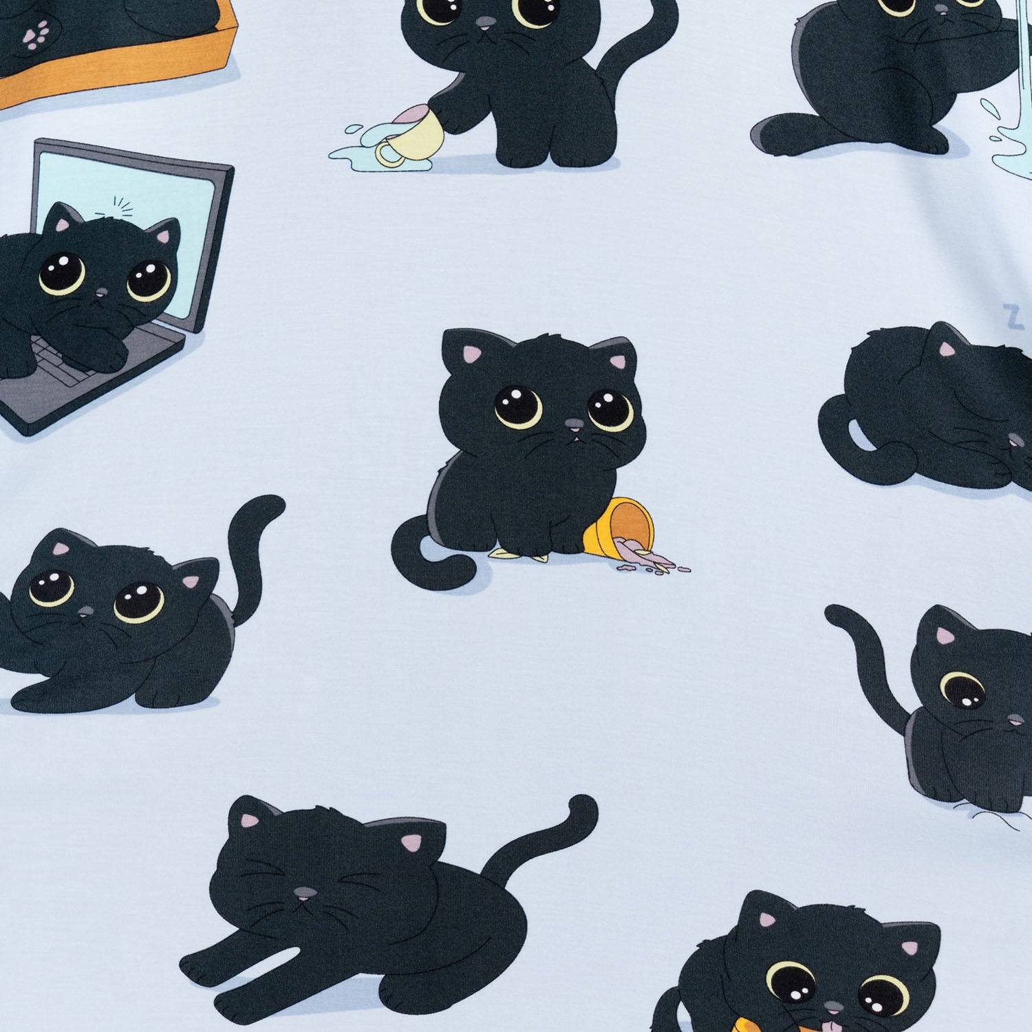 Pattern of multiple cartoon black cats in various playful and resting poses on a light background.