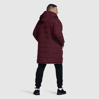 Man wearing a long maroon quilted coat with hood, standing facing away. size: Steven is 6” wearing a size OOD
