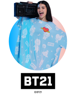 Person wearing a blue BT21-themed garment holding a boombox, with visible text 'BT21' below