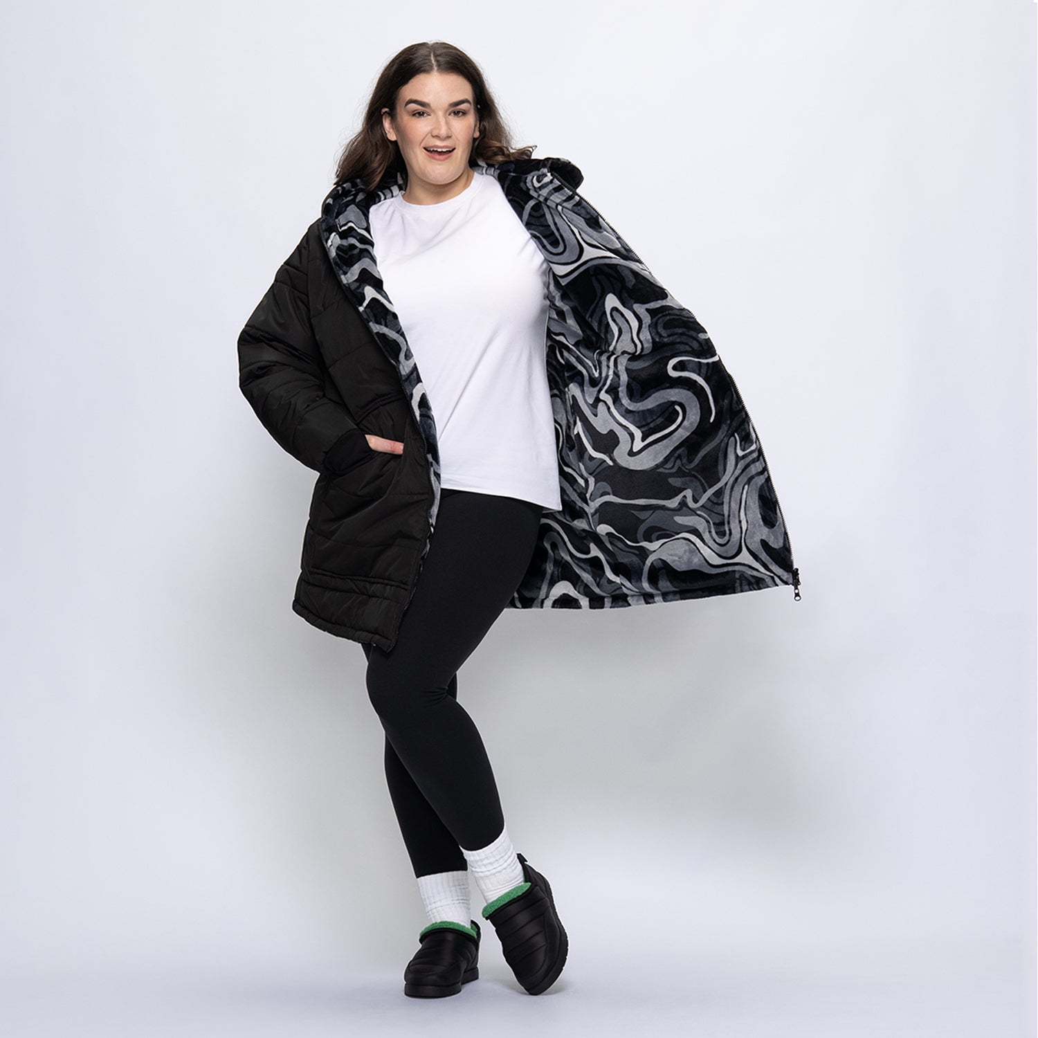 Black/Charcoal Swirl Print Long Puffer Jacket – The Oodie USA