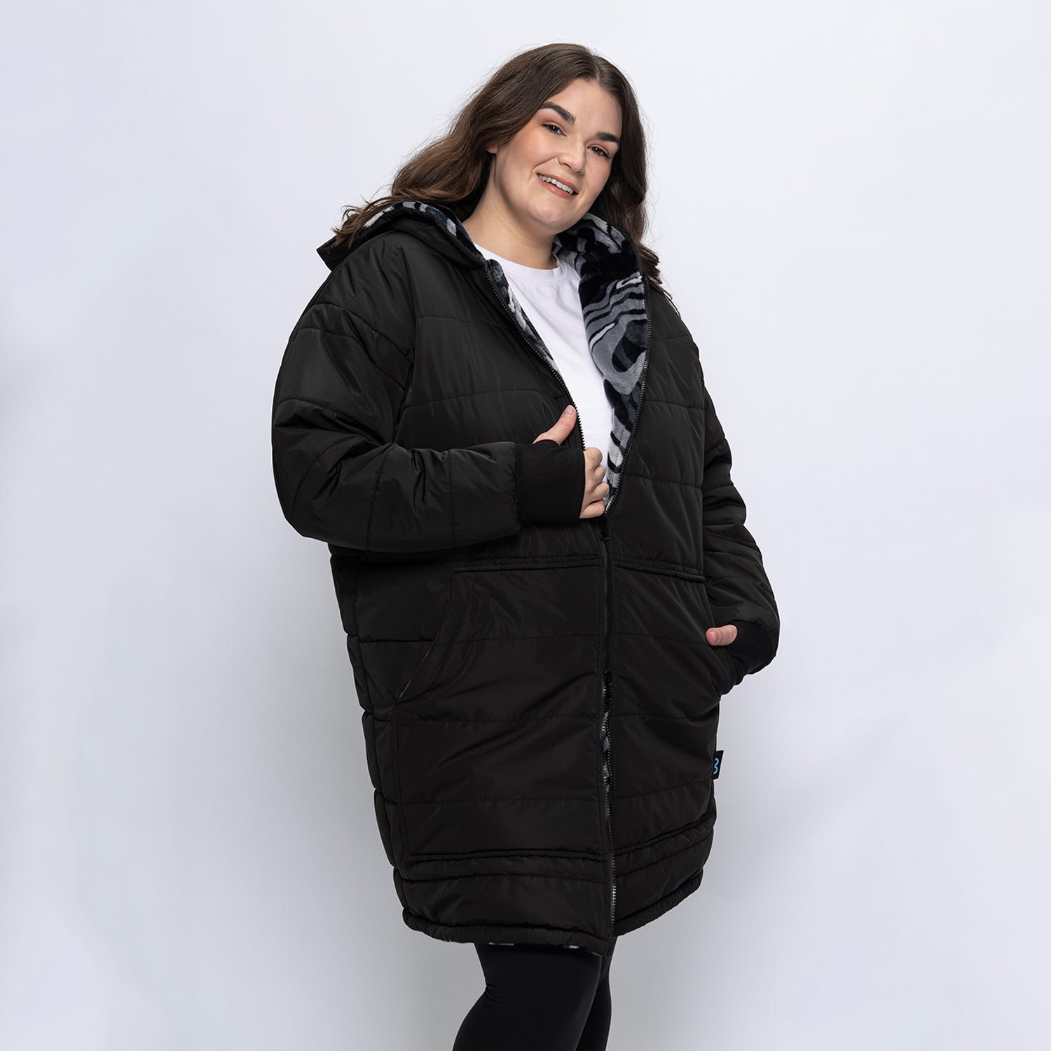 Black/Charcoal Swirl Print Long Puffer Jacket – The Oodie USA