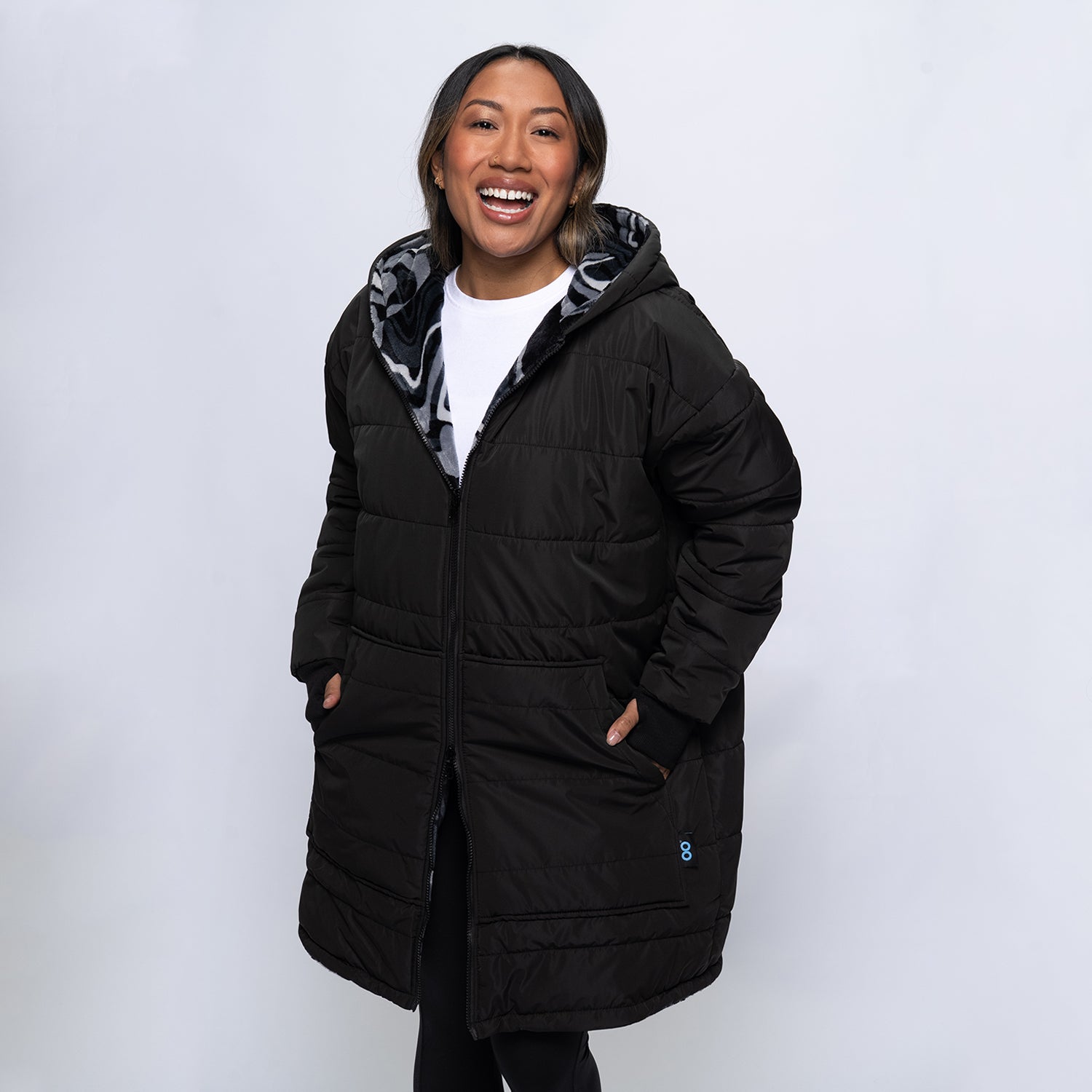Black/Charcoal Swirl Print Long Puffer Jacket – The Oodie USA