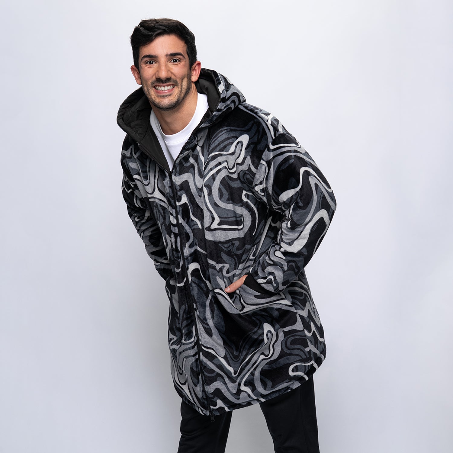Black/Charcoal Swirl Print Long Puffer Jacket – The Oodie USA