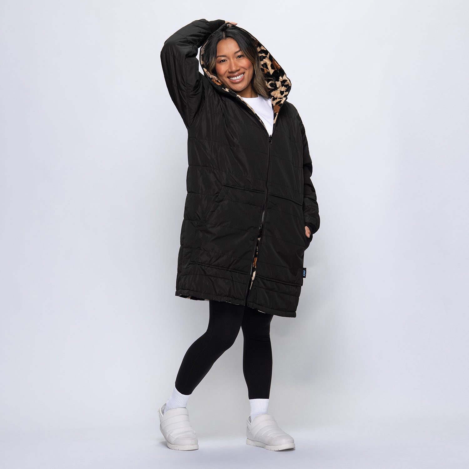 Black/Leopard Zip Long Puffer Jacket – The Oodie USA