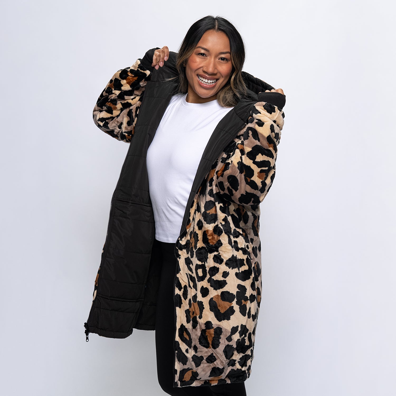 Black/Leopard Zip Long Puffer Jacket – The Oodie USA