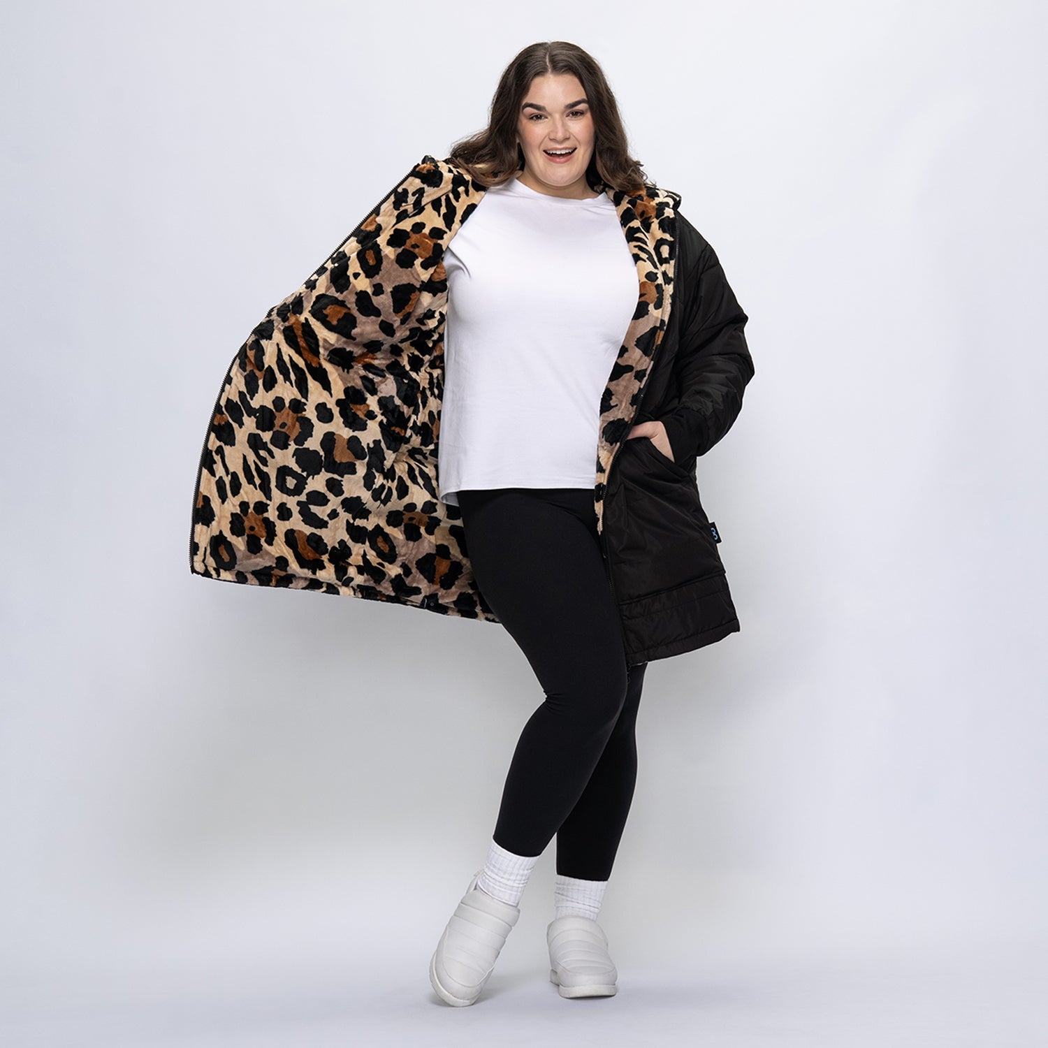Black/Leopard Zip Long Puffer Jacket – The Oodie USA