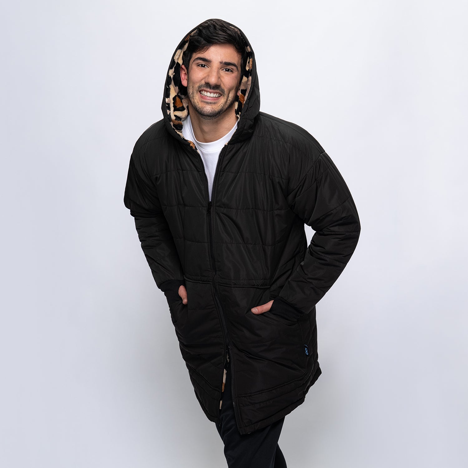 Black/Leopard Zip Long Puffer Jacket – The Oodie USA