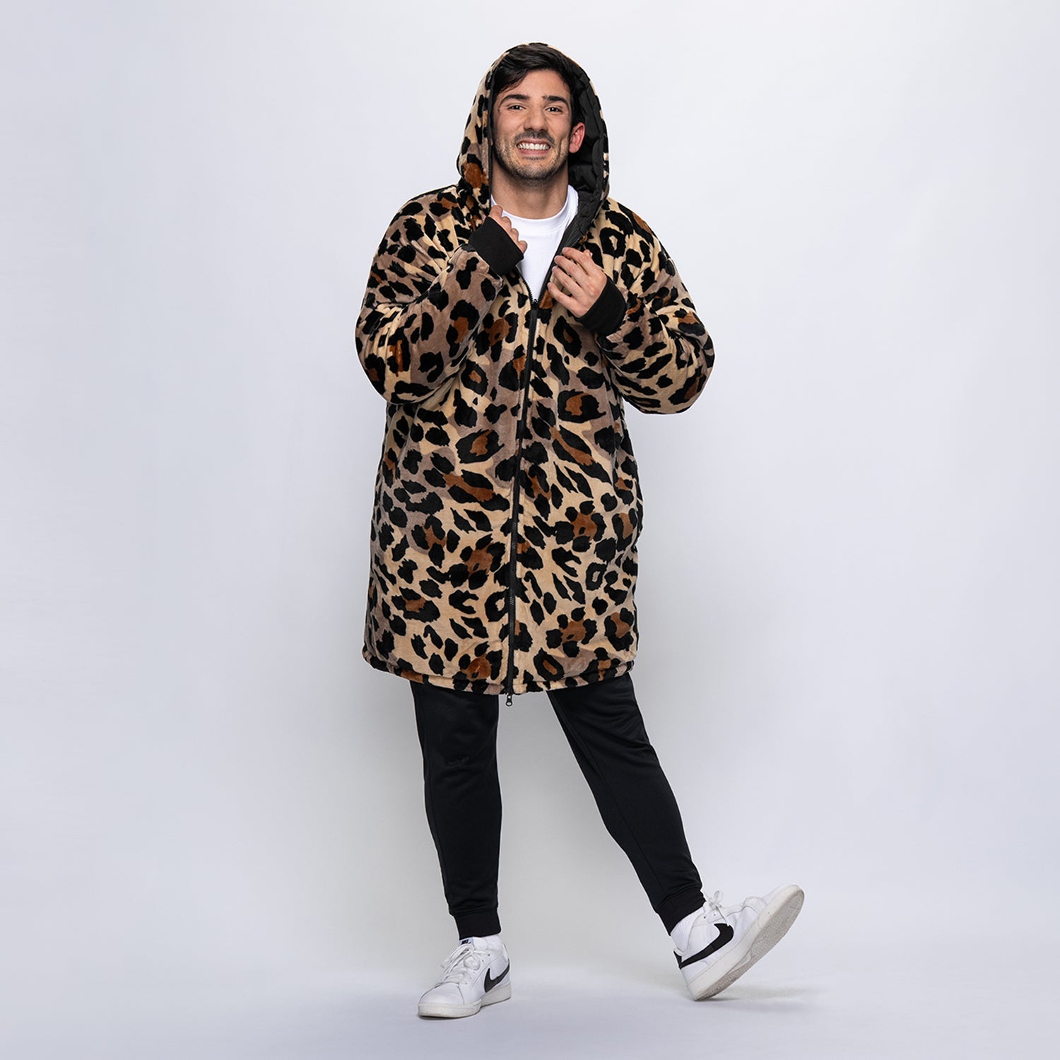 Black/Leopard Zip Long Puffer Jacket – The Oodie USA