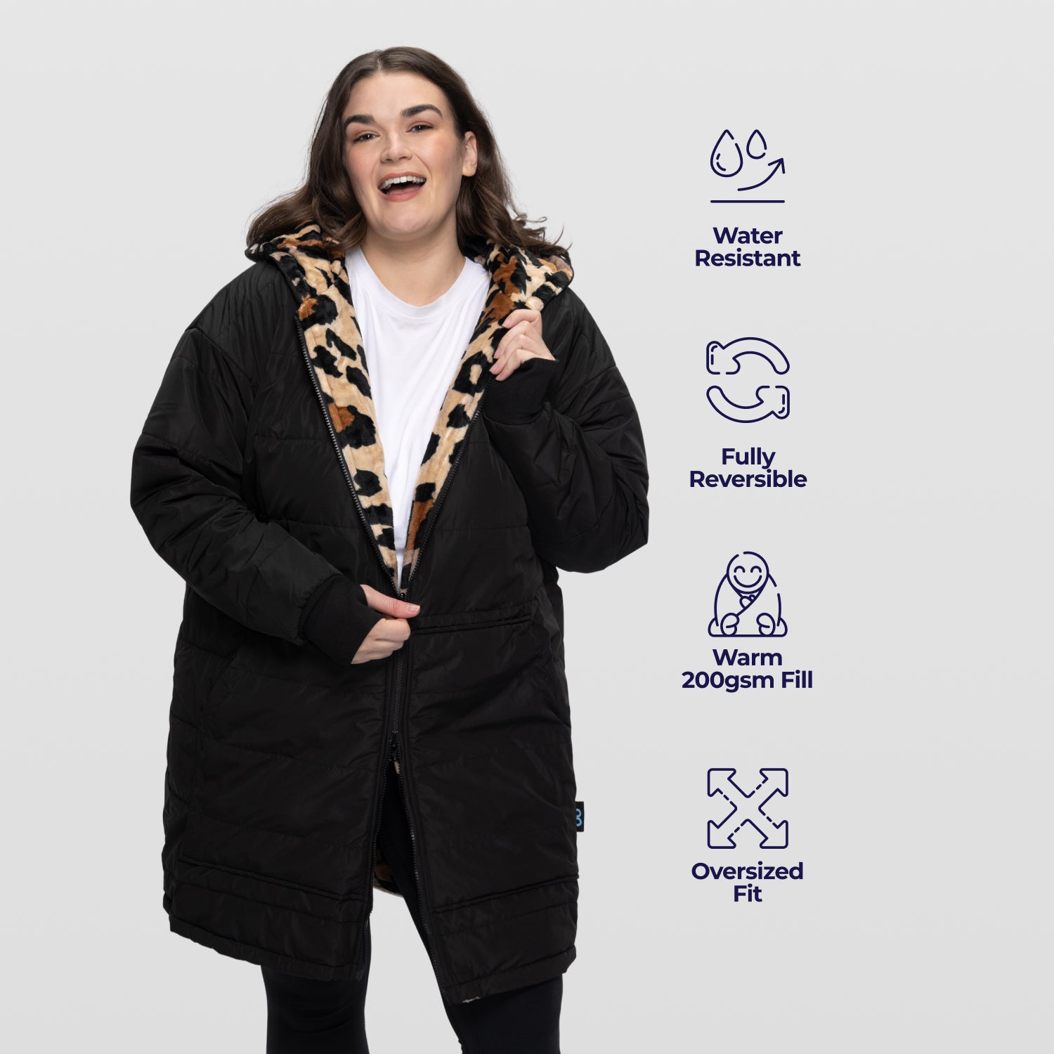Black/Leopard Zip Long Puffer Jacket – The Oodie USA