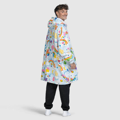 Man wearing a colorful hooded garment with Care Bears and clouds pattern, standing and looking over his shoulder