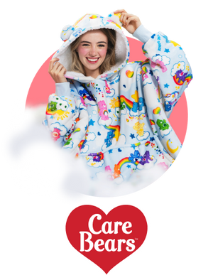 Smiling person wearing a colorful Care Bears hoodie with Care Bears logo below