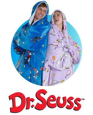 Two people wearing colorful Dr. Seuss-themed hooded blankets, standing back to back, with the red Dr. Seuss logo below them.