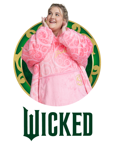 Person wearing a pink patterned hoodie with a green and gold circular background and the word 'Wicked' below